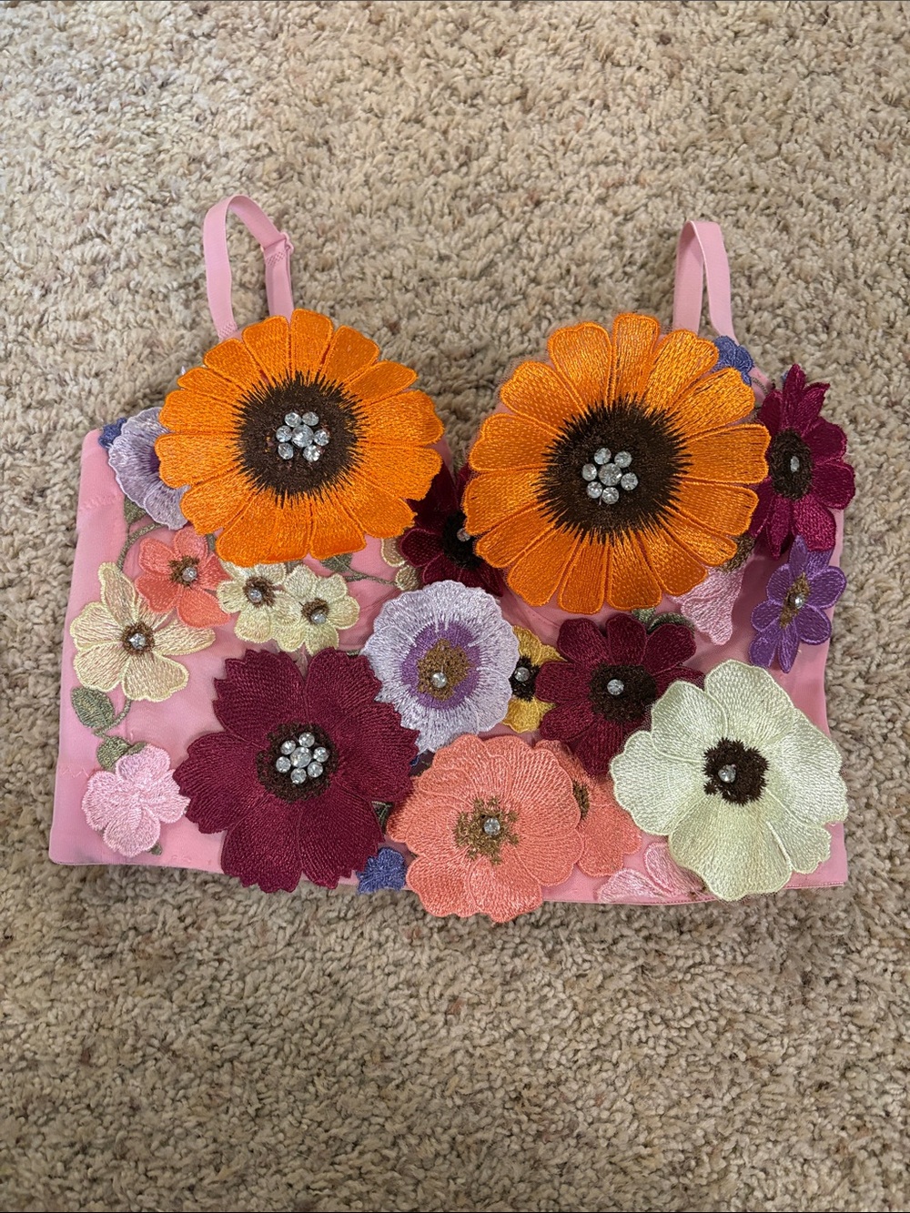 Pink Floral Appliqué Bralette with Orange Sunflower Cups